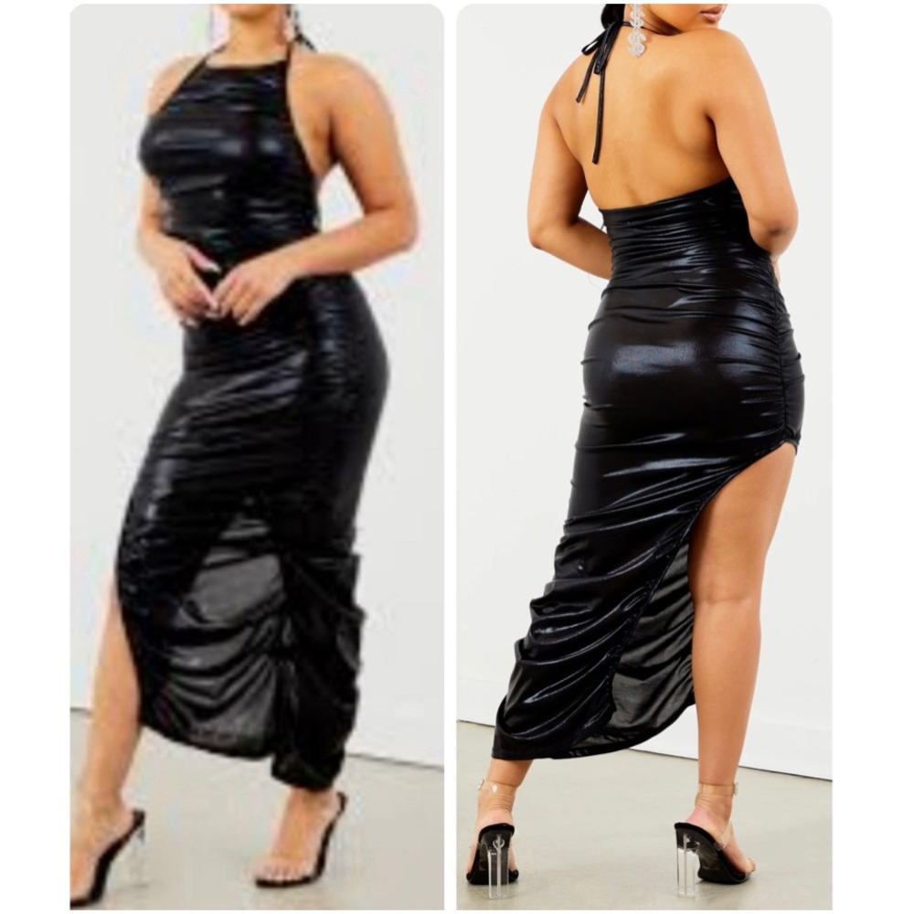 Sorella Black Metallic Ruched Halter High Neck Side Slit Maxi Slip Dress Large